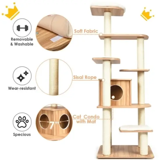 Costway 69" Modern Cat Tree Multi-layer Kitten Activity Tower w/ Removable Soft Mat image {7}