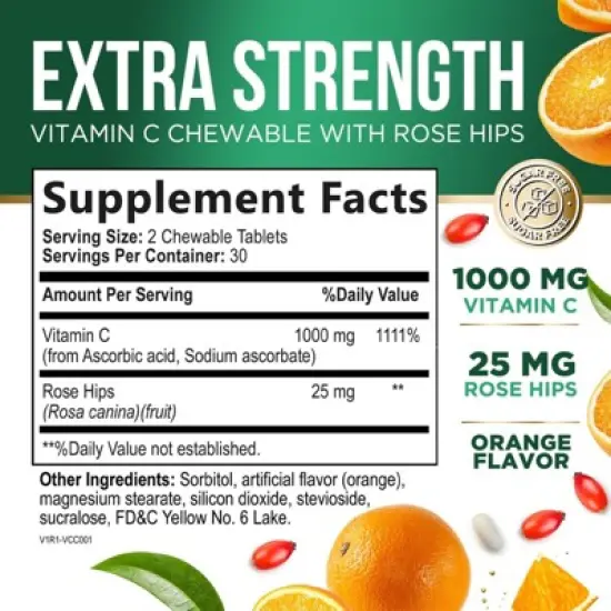 Chewable Vitamin C 1000mg - Extra Strength Antioxidants for Powerful Immune Support w/Vitamin C & Rose HIPS - Potent Dietary VIT C Chews - 60 Tablets image {1}