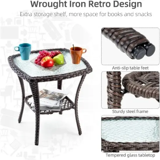 3 Pieces Outdoor Wicker Swivel Rocker Patio Set, 360-Degree Swivel Rocking Chair Elegant Wicker Patio Bistro Set with Tempered Glass Top Side Table image {2}