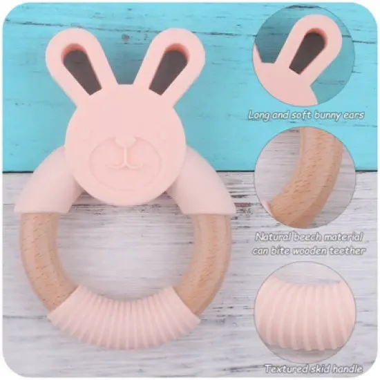 MyKids-USA Baby Food-Grade Teething Rattle, Teething Aid for Babies, Wooden and Silicone Rabbit Teething Bracelet image {1}