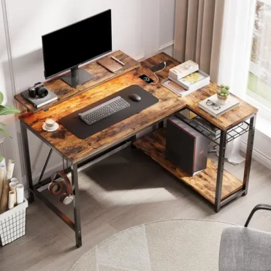 Bestier 42" Reversible L-Shaped Gaming Desk with Power Outlets LED Lights and Monitor Stand &Storage Shelves & Hooks for Bedrooms & Home Offices image {17}