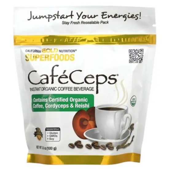 California Gold Nutrition CafeCeps, Certified Organic Instant Coffee with Full-Spectrum, Organic Cordyceps and Reishi Mushroom Powder, 3.5 oz (100 g) image {3}