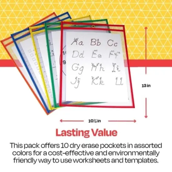 School Smart Reusable Dry Erase Pocket Sleeves, 10-1/2 x 13 Inches, Assorted, Set of 10 image {4}