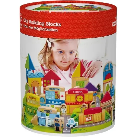 Hape City Building Blocks Colored Wooden Playset with Playscape, Market, Hospital, Bus Station, and Townspeople, for Ages 3 and Up, 145 Piece Set image {4}
