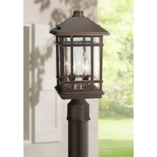 Kathy Ireland Sierra Craftsman Art Deco Outdoor Post Light Rubbed Bronze 14" Seedy Glass Panels for Exterior Barn Deck House Porch Yard Patio Home image {1}