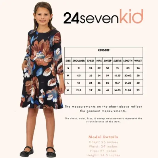 Girls Long Sleeve Black Floral Knee Length Pocket Dress image {3}