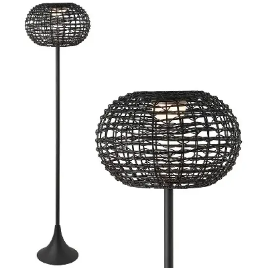 JONATHAN Y Jaemin Modern Coastal Faux Rattan Integrated Indoor/Outdoor LED Solar Powered Floor Lamp image {7}