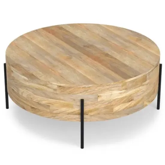 WyndenHall Farmington Drum Coffee Table Natural : Modern Industrial Style, Mango Wood & Iron, 38" image {4}