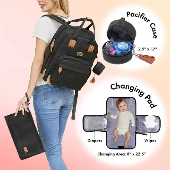 Diaper Bag Backpack with Portable Changing Pad, Pacifier Case and Stroller Straps - Black image {3}
