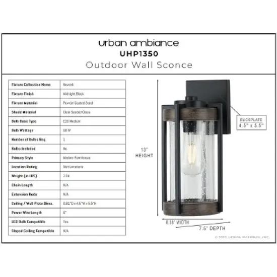 Urban Ambiance Luxury Farmhouse Outdoor Wall Sconce 13''H x 6.375''W,  Midnight Black Finish,  Newark Collection, UHP1350 image {3}