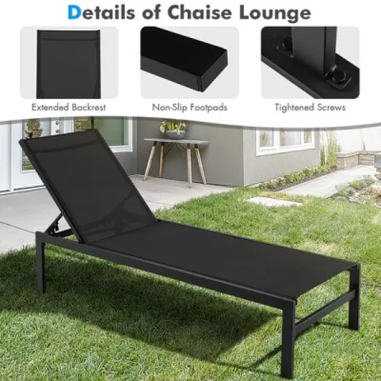 Tangkula 2PCS Patio Chaise Lounge Adjustable Lounge Chair W/ 6-Position Backrest Black image {7}