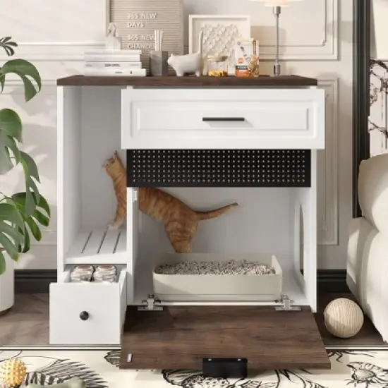 JUJABU Indoor Hidden Cat Litter Box Furniture with 2 Drawers & Door, Cat House End Table for Living Room - White & Brown image {2}