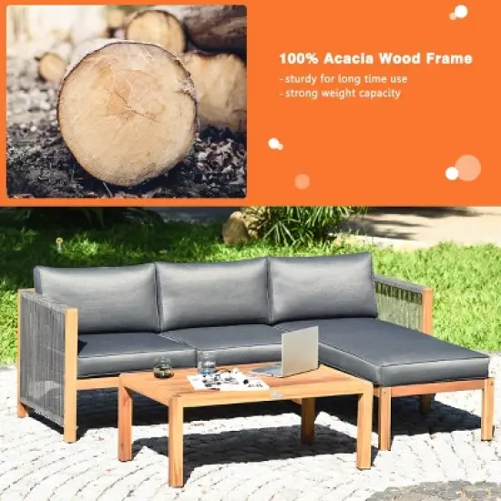 Costway  3PCS Patio Sofa Furniture Set Thick Cushion Acacia Wood image {6}