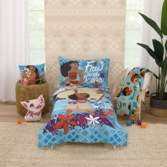 Disney Moana Free as the Ocean Aqua, Purple, Orange, and White Tropical 2 Piece Toddler Sheet Set - Fitted Bottom Sheet and Reversible Pillowcase image {5}