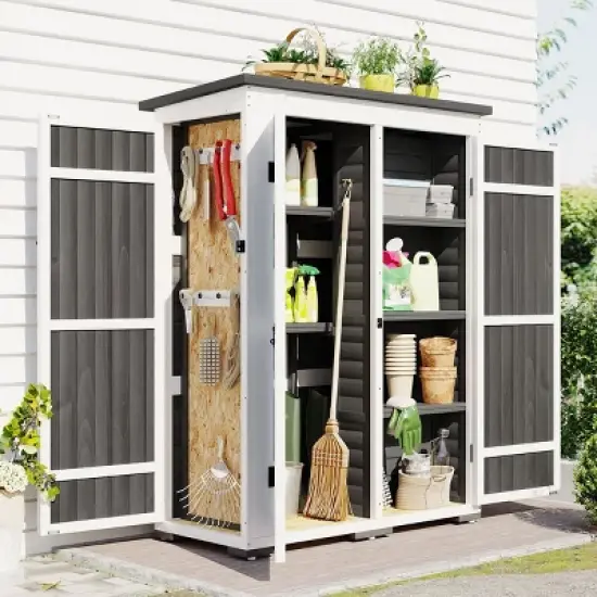 Coolbibila-Wood Storage Shed, Garden Tool Cabinet With Waterproof Roof, Garden Workstation With Four Lockable Doors And Multiple-Tier Shelves image {1}