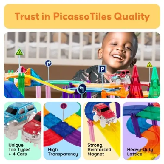 PICASSO-TILES Race Track Magnetic Tiles for Kids, 50PCS with 2 Racing Cars, Construction STEM Building Blocks Educational Toy image {5}
