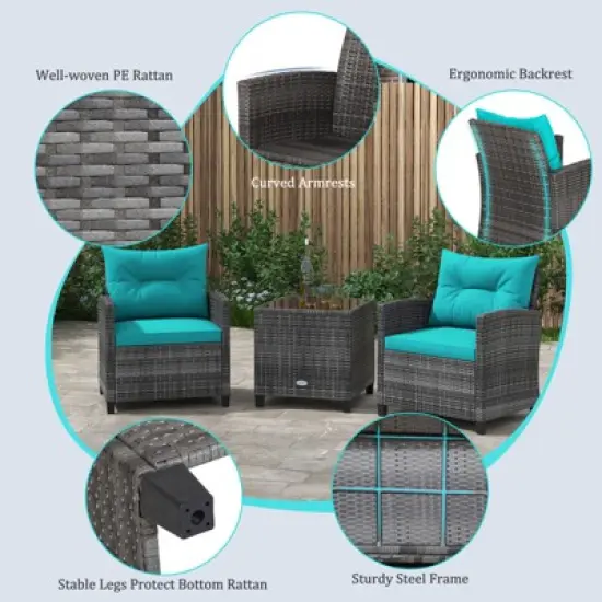 Tangkula 3 Pieces Patio Bistro Set Outdoor PE Rattan Conversation Chair Set with Tempered Glass Side Table and Removable Cushions Turquoise image {4}