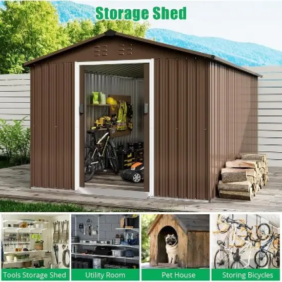 10X10 FT Outdoor Storage Shed, Galvanized Steel Storage Shed, Steel Sliding Doors, Weather Resistant, Garden Tool Shed with Lockable Door image {6}