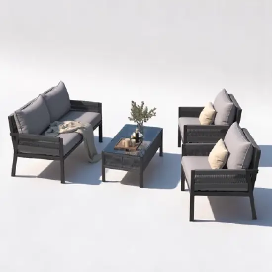 4-Piece Boho Patio Furniture Set with Handmade Rope Weave, Metal Frame, Tempered Glass Table, and Thick Cushions image {15}