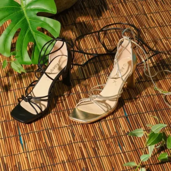 Allegra K Women's Lace Up Strappy Chunky High Heels Sandals image {1}