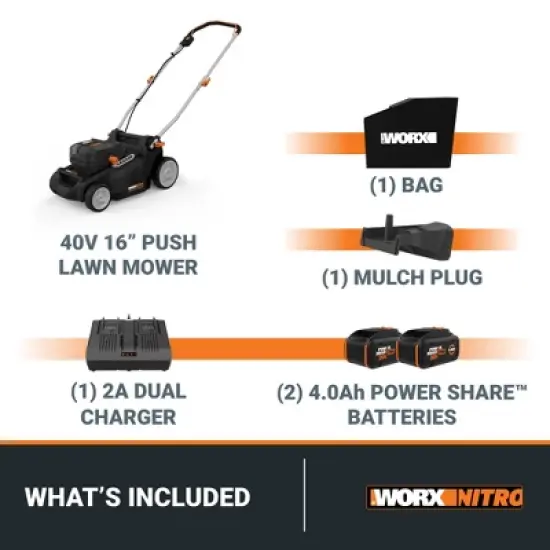 Worx Nitro WG737 40V 16" Cordless Push Lawn Mower with Brushless Motor (Batteries & Charger Included) image {8}
