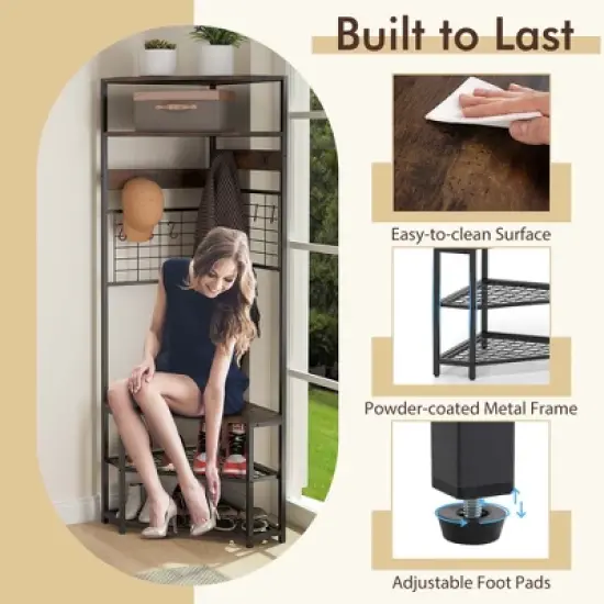 Tangkula 5-Tier Corner Hall Tree w/ Shoe Storage Bench 12 Metal Hooks for Living Room Brown image {5}