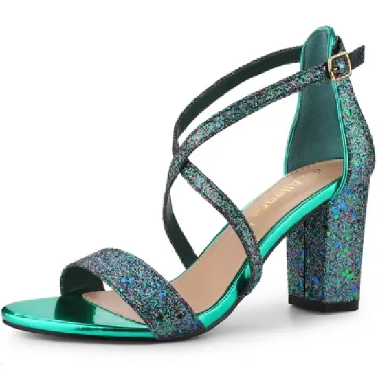 Allegra K Women's Glitter Crisscross Strap Block Heels Sandals image {13}