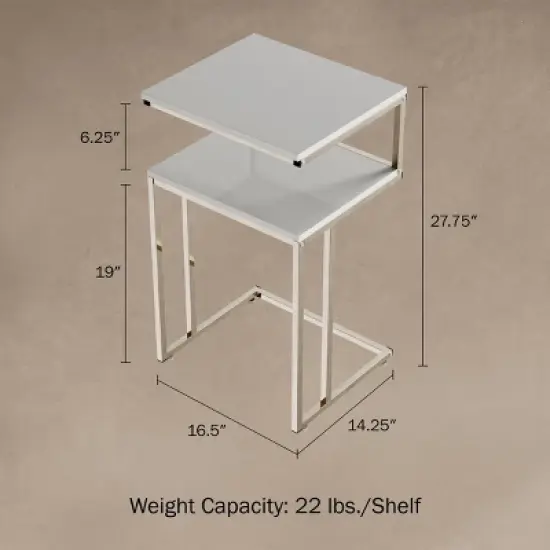 Hastings Home 2-Tier End Table - C-Shaped Side Table With Two Shelves and Metal Stand - White and Chrome image {1}