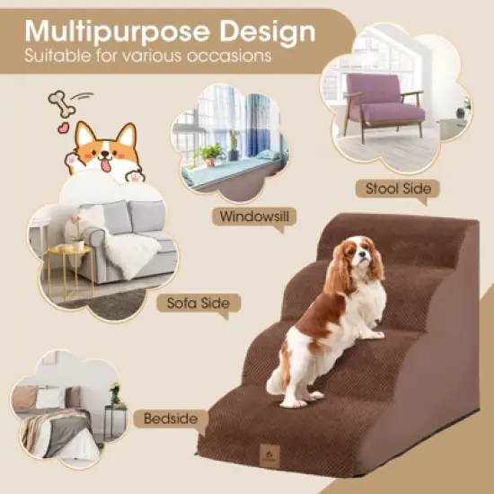 4 Tiers Foam Dog Ramps/Steps Non-Slip Dog Steps for Beds Or Couches with Brush Coffee/Gry image {3}