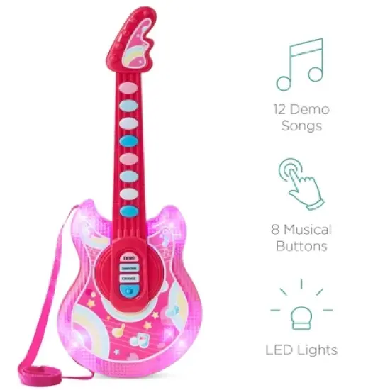 Best Choice Products 19in Kids Flash Guitar, Pretend Play Musical Instrument Toy for Toddlers w/ Mic, Stand - Pink image {3}