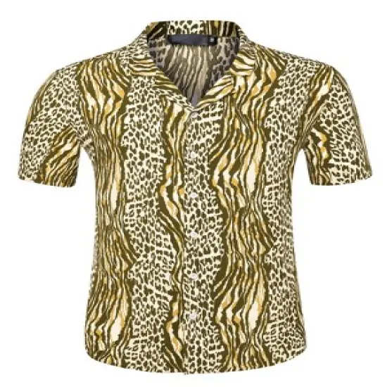Lars Amadeus Men's Leopard Printed Disco Shirts Camp Collar Short Sleeves Button Down Summer Shirt image {1}