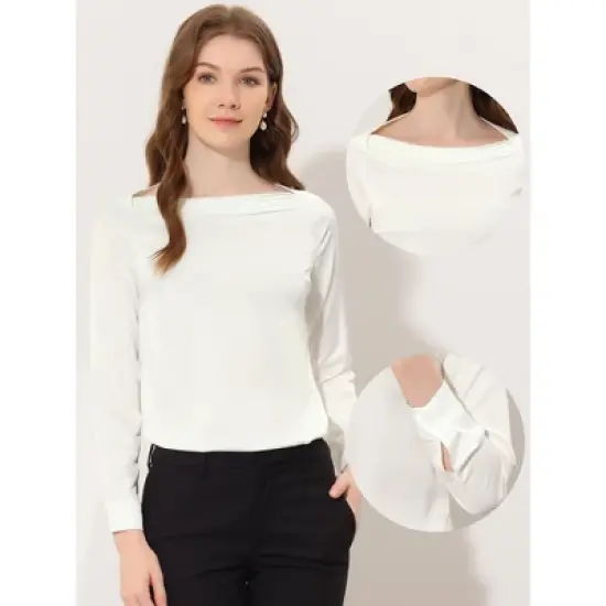 Allegra K Women's Elegant Satin Long Sleeve Vintage Boat Neck Work Blouses image {1}