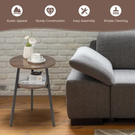 Costway 2PCS 2-Tier Bedside End Table Round Nightstand for Bedroom Living Room Brown/Walnut image {3}