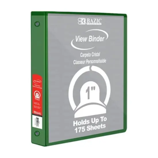 BAZIC Products 3-Ring View Binder with 2 Pockets, 1", Green, Pack of 6 image {1}