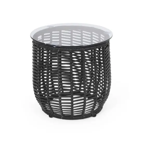 GDFStudio Laguna Outdoor 15.5" Wicker Glass Top Basket Side Table image {1}