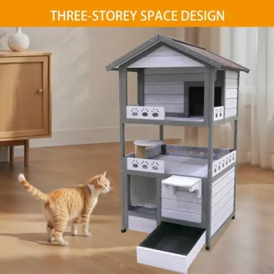 42" Three Story Outdoor Cat House with Balcony Large Cat Shelter Weatherproof Outside Cat House with Drawer & Pvc Door -The Pop Home image {2}