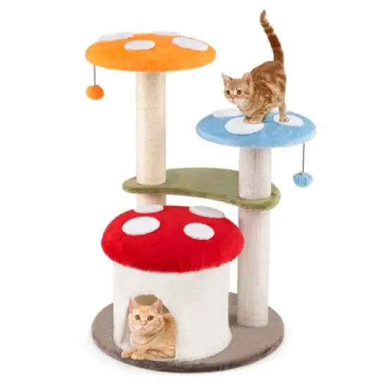 Tangkula Cute Mushroom Cat Tree 35" Tall Cat Tower w/ Sisal Scratching Posts Cat Condo image {10}