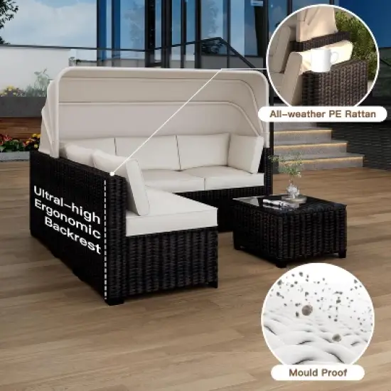 6 Pieces Patio Sectional Sofa Set, PE Rattan Daybed, Outdoor Wicker Sunbed Chaise Chair, Adjustable Backrest, for Poolside, Backyard image {6}
