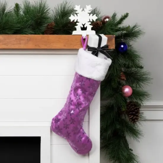 Northlight 19" Purple Sequin Snowflake Christmas Stocking with White Faux Fur Cuff image {1}