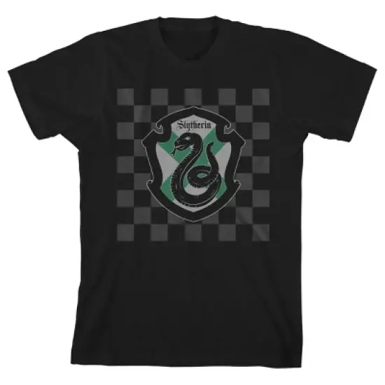 Harry Potter Slytherin Shield on Checkered Background Black T-shirt Toddler Boy to Youth Boy image {1}
