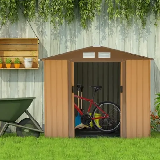 Outsunny 7' x 4' Outdoor Storage Shed, Garden Tool House with Foundation, 4 Vents and 2 Easy Sliding Doors for Backyard, Patio, Garage, Lawn, Yellow image {1}