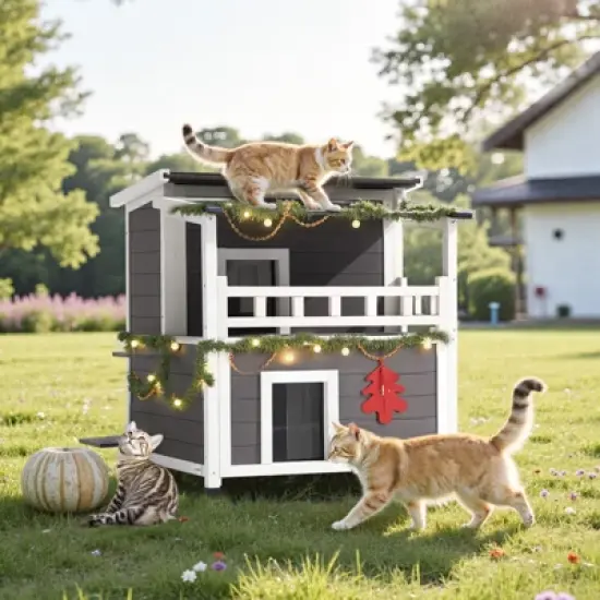 VEVOR Insulated Cat House, 2-Story Wooden Cat Shelter, Foam Insulation, Feral Kitty Shelter with Balcony, Waterproof Cats Condos, White&Grey image {1}