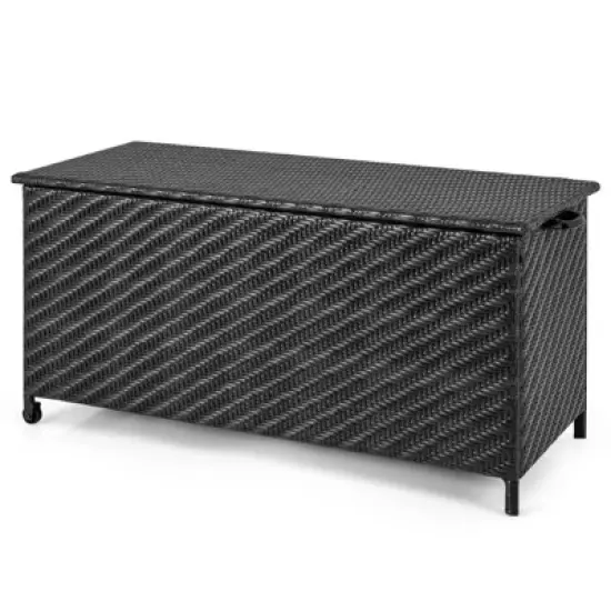 WELLFOR 85gal Outdoor Wicker Storage Box with Removable Liner and 2 Wheels Black image {3}