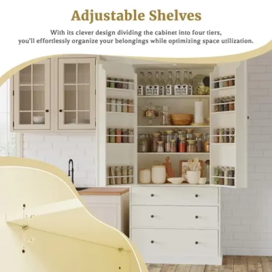 77"H Farmhouse Kitchen Pantry Cabinet with 3 Adjustable Shelves, 8 Door Shelves & 3 Drawers, Freestanding Tall Storage Cupboard - ModernLuxe image {4}