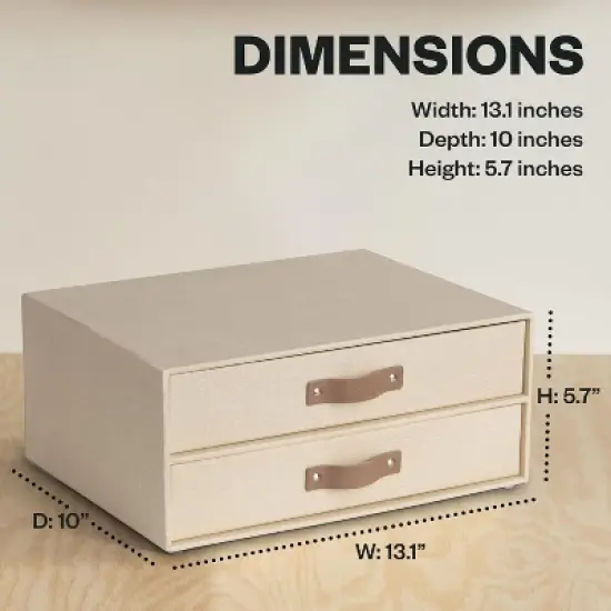 Bigso Birger 2-Drawer Desktop Organizer &ndash; A4/Letter Size Paper Storage with Leather Handles, Cream image {1}