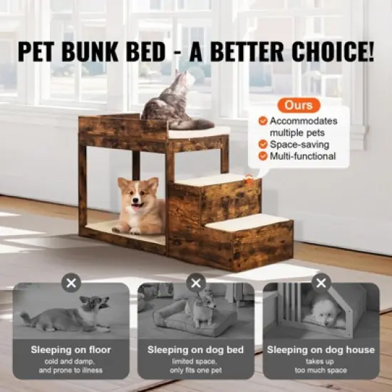 VEVOR Pet Bunk Bed with Stairs, Dog/Cat Window Perch for High Beds and Couches, Medium Multi-Level 3 Step Dog Seat Platform Sleeper (Rustic Brown) image {2}