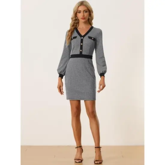 Allegra K Women's Houndstooth V Neck Long Sleeves Elegant Sheath Dresses image {3}