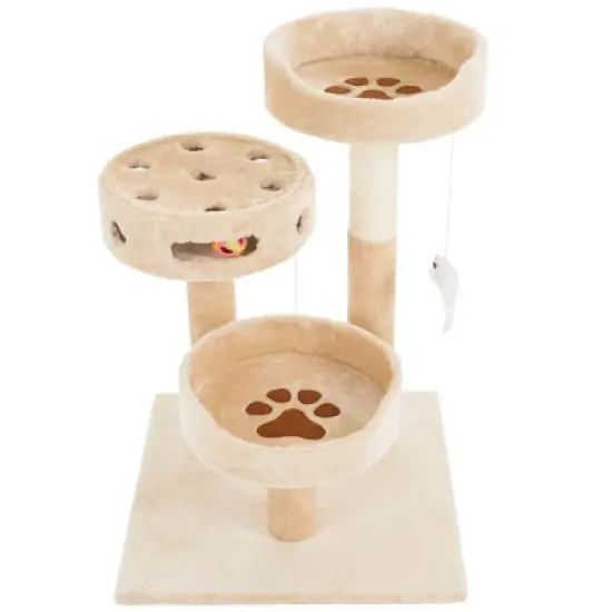 3-Tier Cat Tree - 2 Carpeted Napping Perches, Sisal Rope Scratching Post, Hanging Mouse, and Interactive Cheese Wheel Toy by PETMAKER (Tan and Brown) image {6}