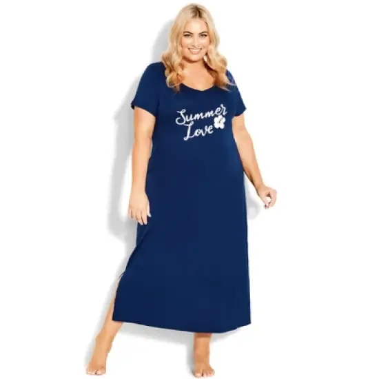 Women's Plus Size Summer Love Short Sleeve Sleep Maxi Dress - deep blue | AVENUE image {3}