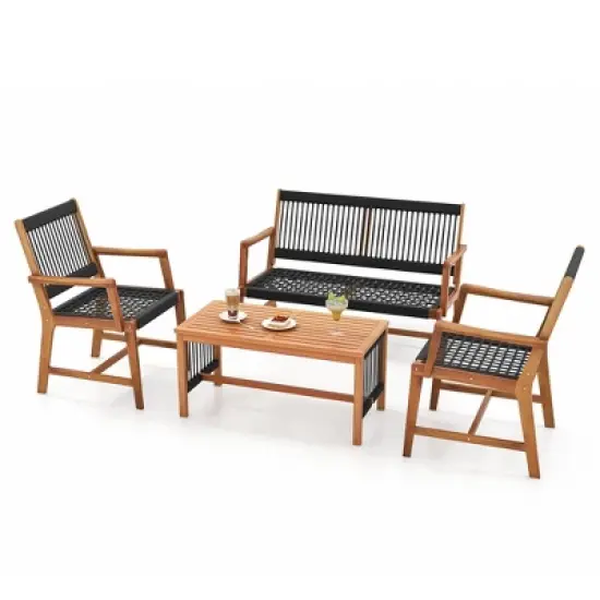 Costway Patio 4pcs Acacia Wood Conversation Table & Chair Set Hand-Woven Rope Outdoor image {1}
